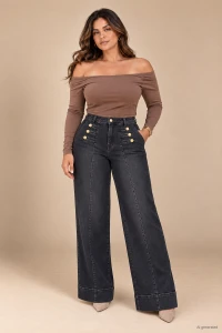X188 Spodnie damskie plus size czarne jeansy wide leg z wysokim stanem i kantem wydłużającym nogi l xl 2xl 3xl 4xl