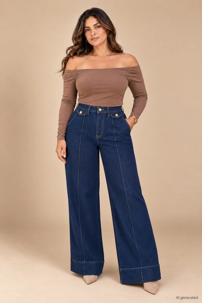 X189 Spodnie damskie plus size granatowe jeansy wide leg z wysokim stanem i kantem wydłużającym nogi l xl 2xl 3xl 4xl