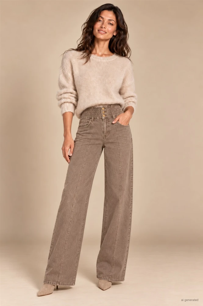 X178 Jeansy damskie wide leg SEPATI jasno brązowe szerokie spodnie cappucino z gumą w pasie modelującą talię - luźne jeansy modelujące brzuch i nogi   (S, M, L, XL) 