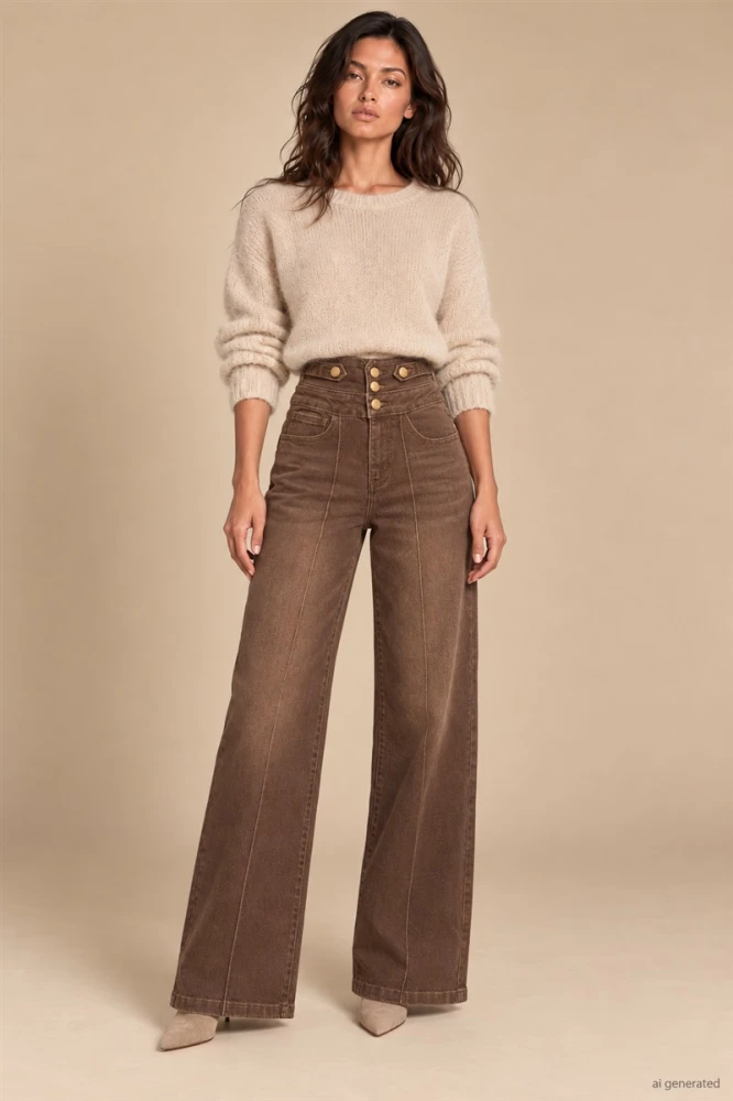 X211 Damskie szerokie brazowe jeansy wide leg SEPATI szerokie spodnie wyszczuplające talię - jeansy push up z podłużnym szwem wydłużające nogi (S, M, L, XL)