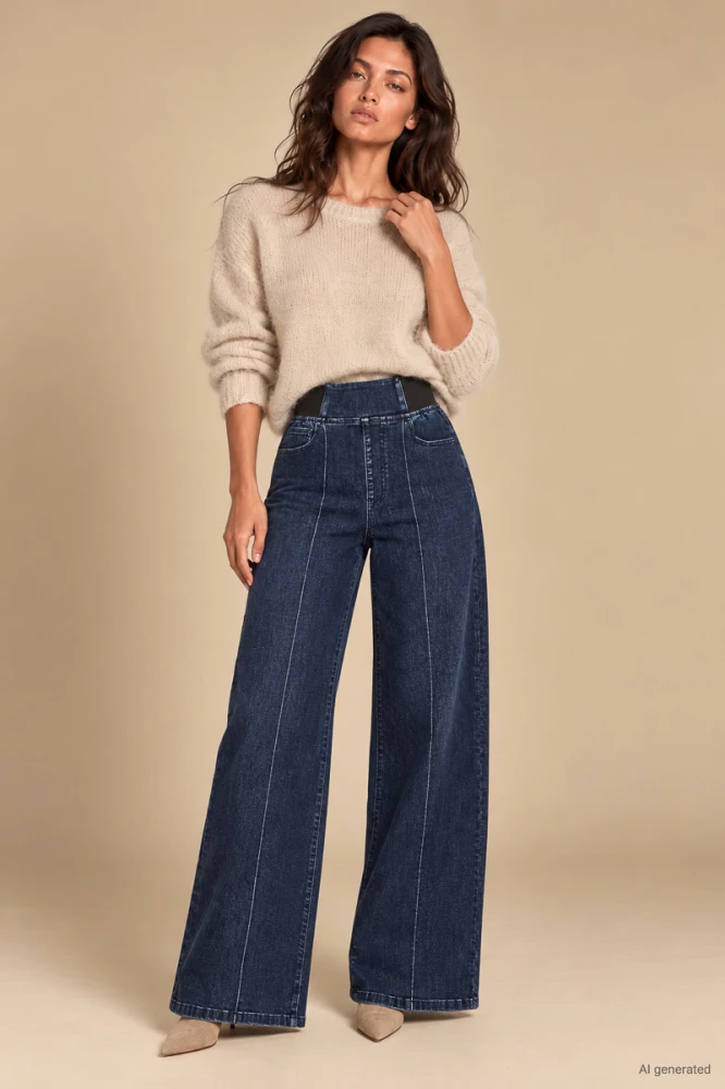 X209 Damskie granatowe szerokie jeansy wide leg SEPATI z kantem i modelującą gumą w pasie