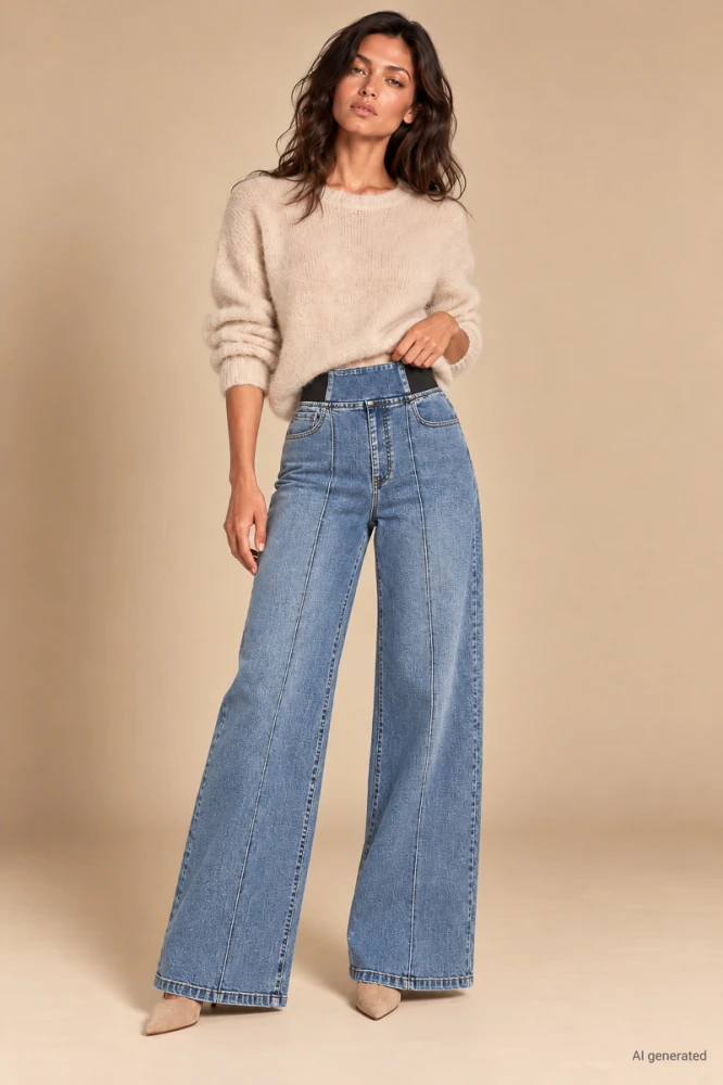 X177 Szerokie niebieskie jeansy wide leg SEPATI spodnie z kantem szerokim pasem i gumą modelującą 