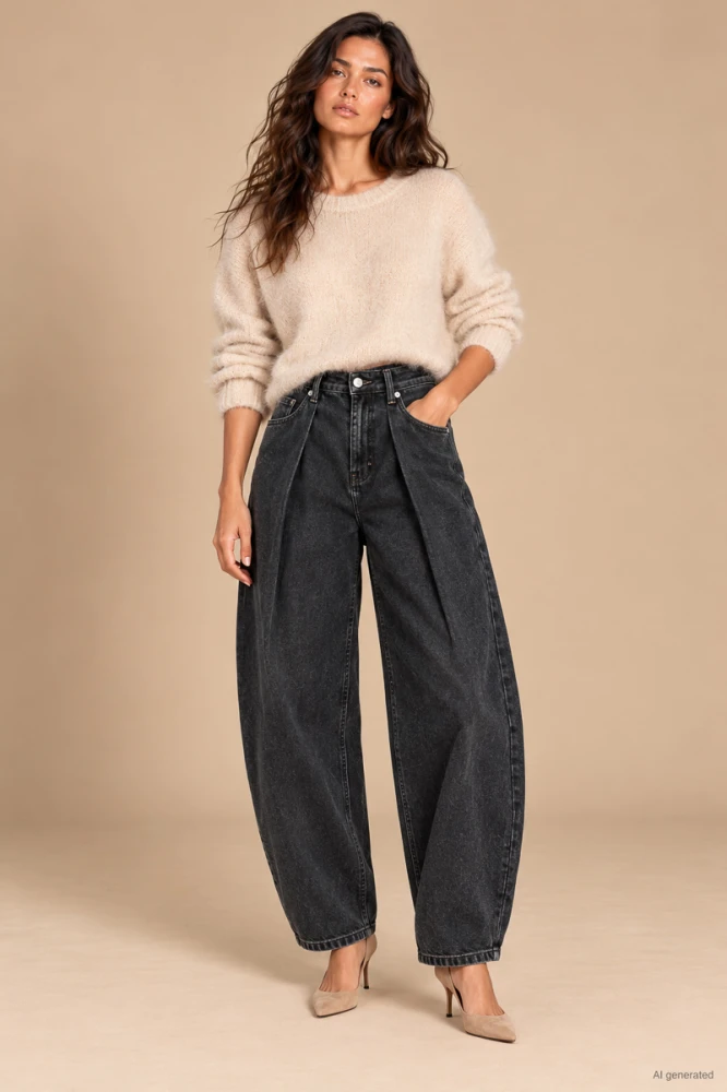 X159 Damskie jeansy baggy czarne spodnie z wysokim stanem i zakładkami w pasie xs s m l xl