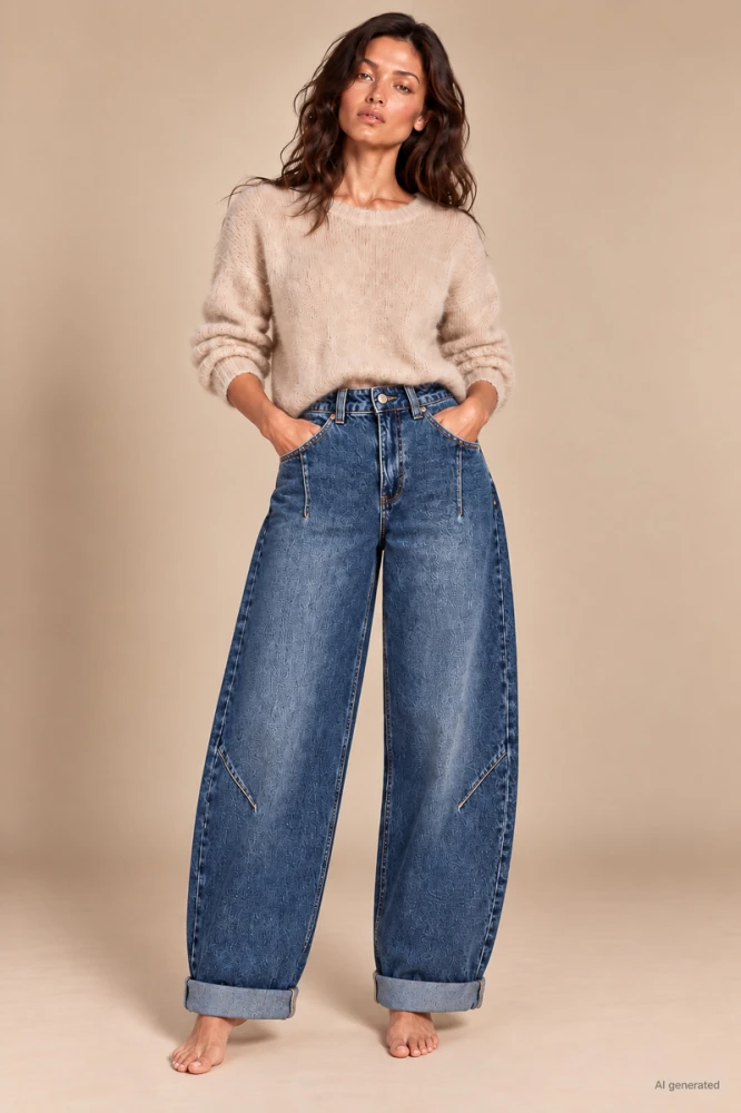 X154 Damskie jeansy balloon granatowe spodnie z wysokim stanem i luźną podwiniętą nogawką xs s m l xl