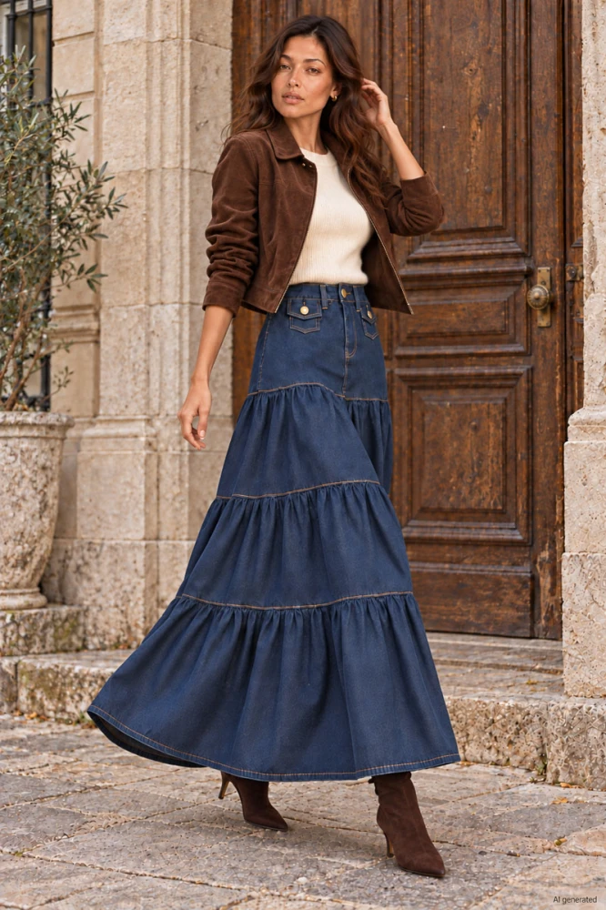 X193 Jeansowa spódnica damska maxi granatowa rozkloszowana z falbanami i kieszeniami xs s m l xl